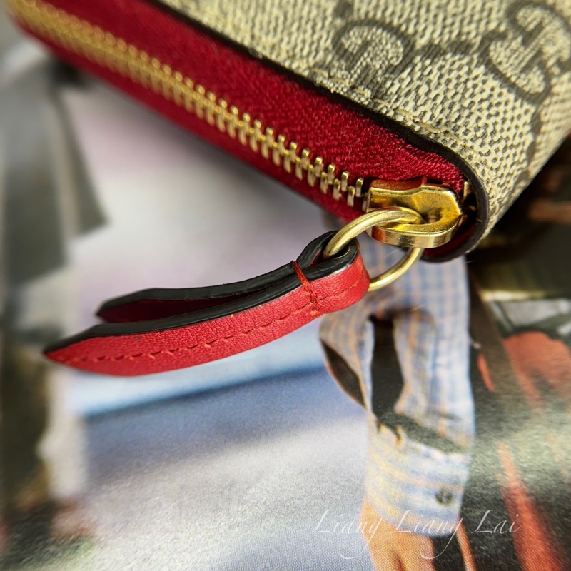 GUCCI 古馳 經典GG SUPREME帆布彩虹刺繡拉鍊紅色長夾-13
