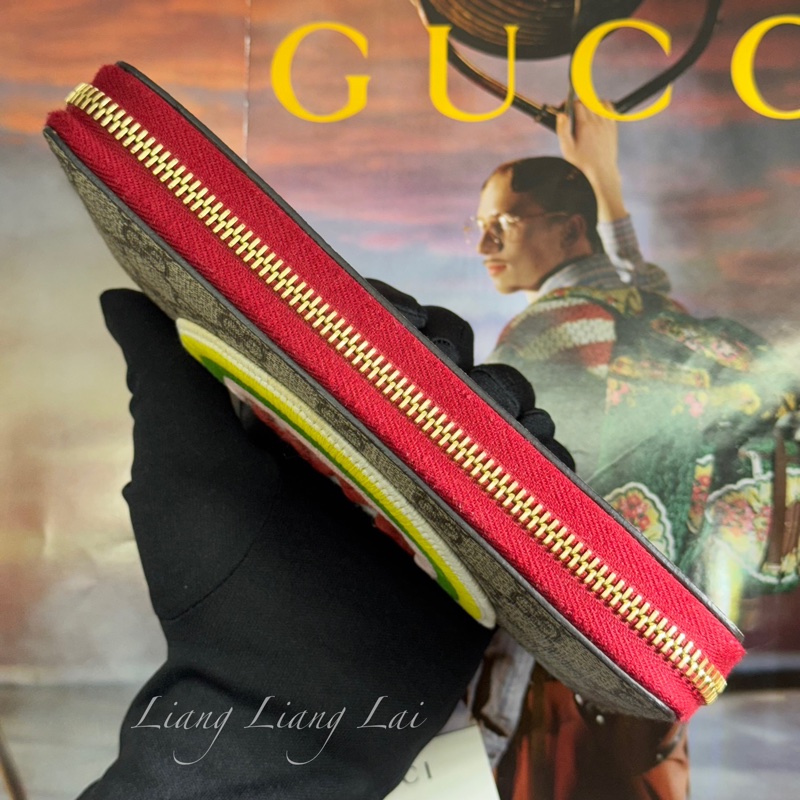 GUCCI 古馳 經典GG SUPREME帆布彩虹刺繡拉鍊紅色長夾-14