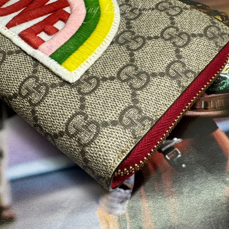 GUCCI 古馳 經典GG SUPREME帆布彩虹刺繡拉鍊紅色長夾-17