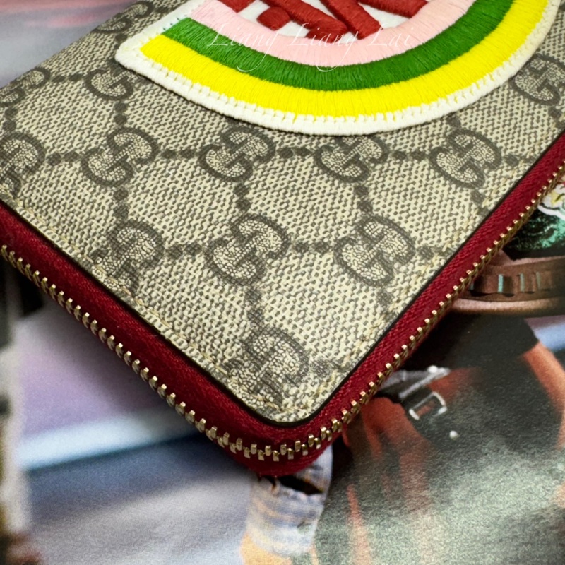 GUCCI 古馳 經典GG SUPREME帆布彩虹刺繡拉鍊紅色長夾-18