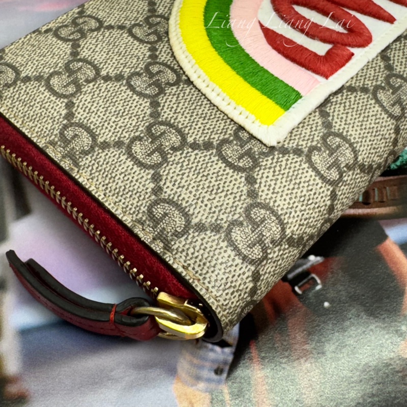 GUCCI 古馳 經典GG SUPREME帆布彩虹刺繡拉鍊紅色長夾-19