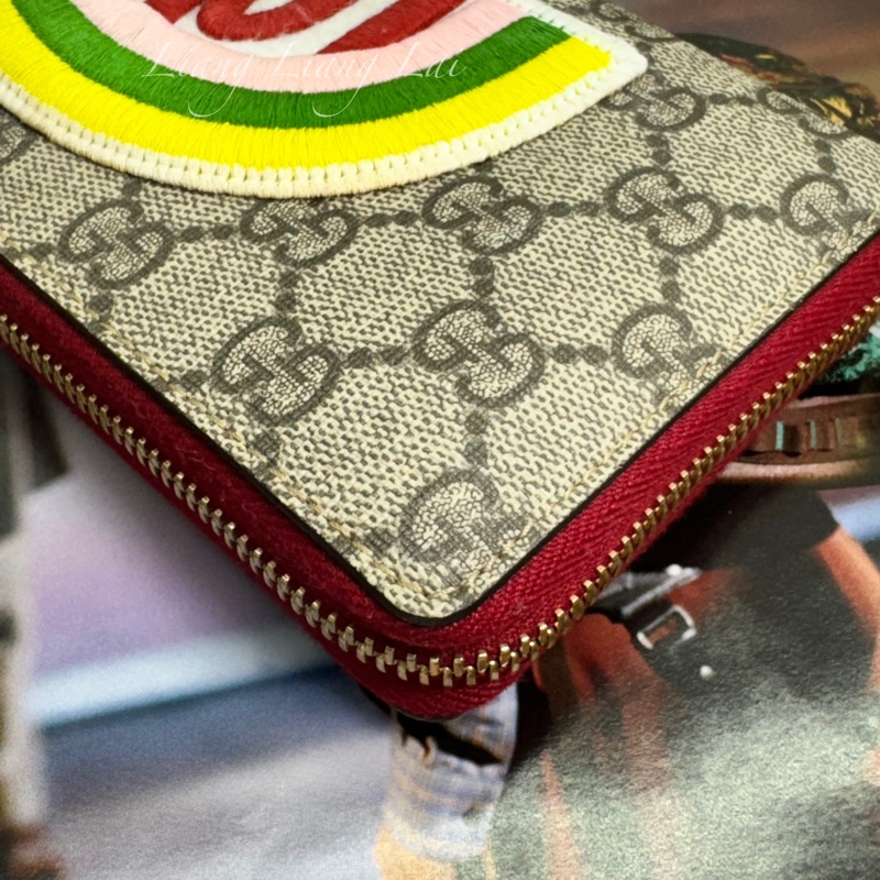 GUCCI 古馳 經典GG SUPREME帆布彩虹刺繡拉鍊紅色長夾-20