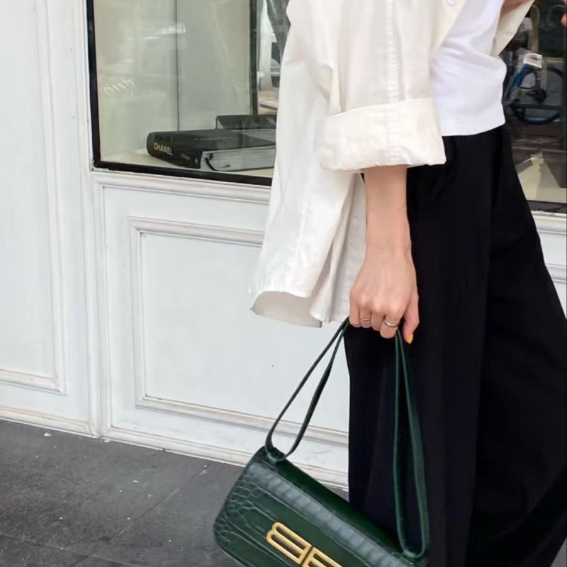 Balenciaga Gossip墨綠色鱷魚壓紋法棍包 全新閒置 配件塵袋-0