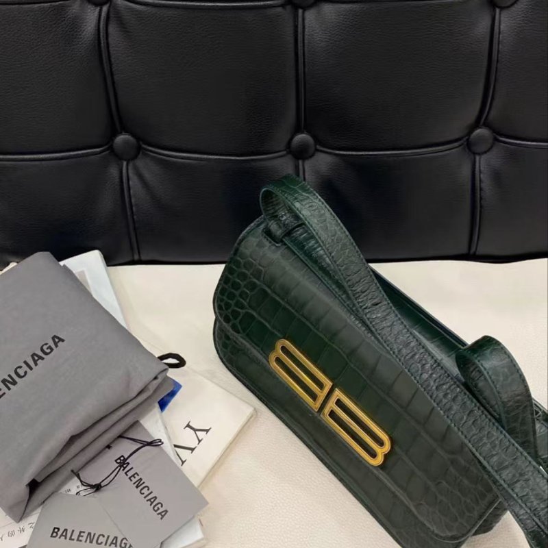 Balenciaga Gossip墨綠色鱷魚壓紋法棍包 全新閒置 配件塵袋-3