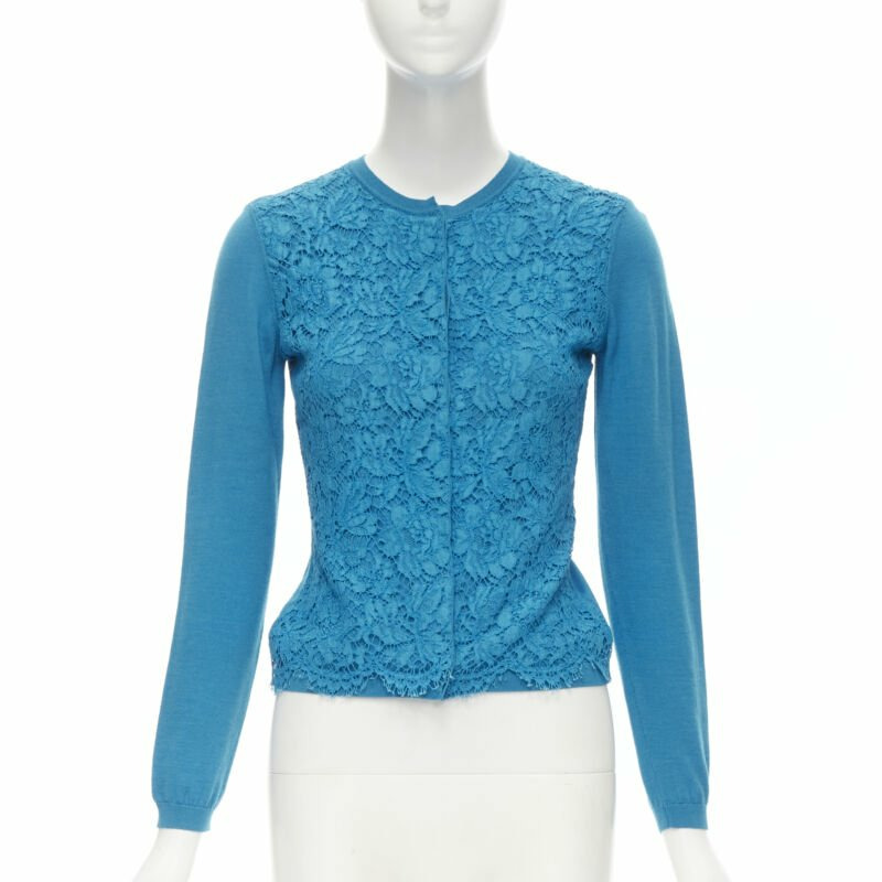 VALENTINO blue floral lace front wool silk cashmere cardigan sweater S-0