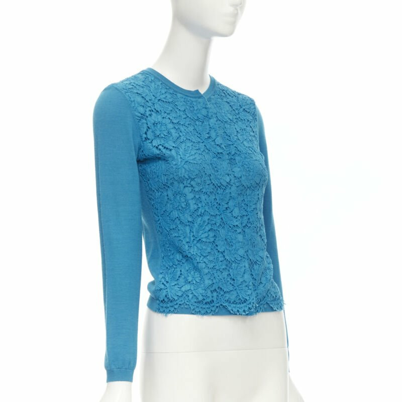 VALENTINO blue floral lace front wool silk cashmere cardigan sweater S-2