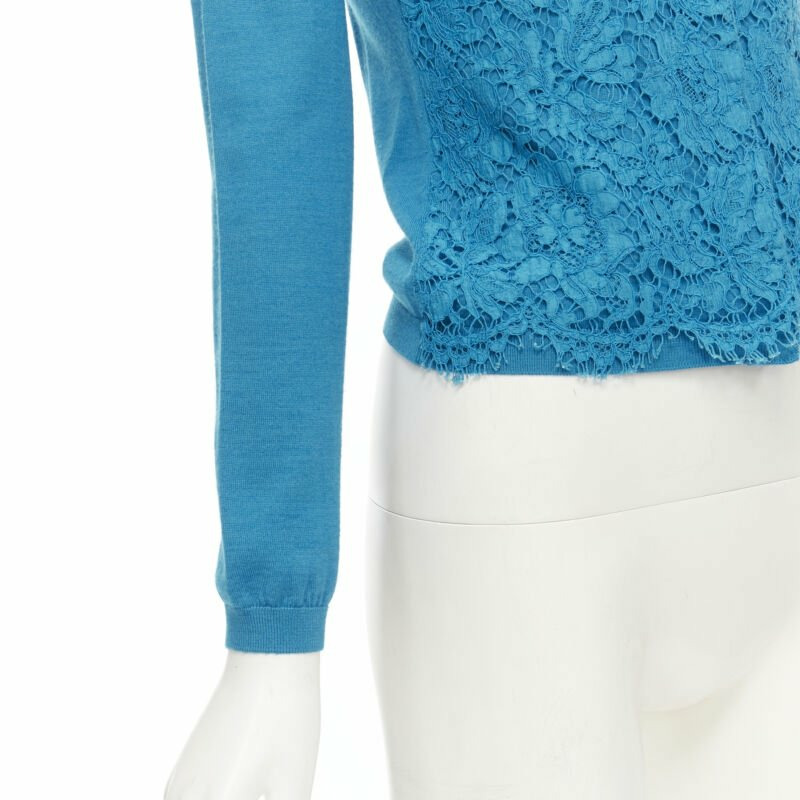 VALENTINO blue floral lace front wool silk cashmere cardigan sweater S-6