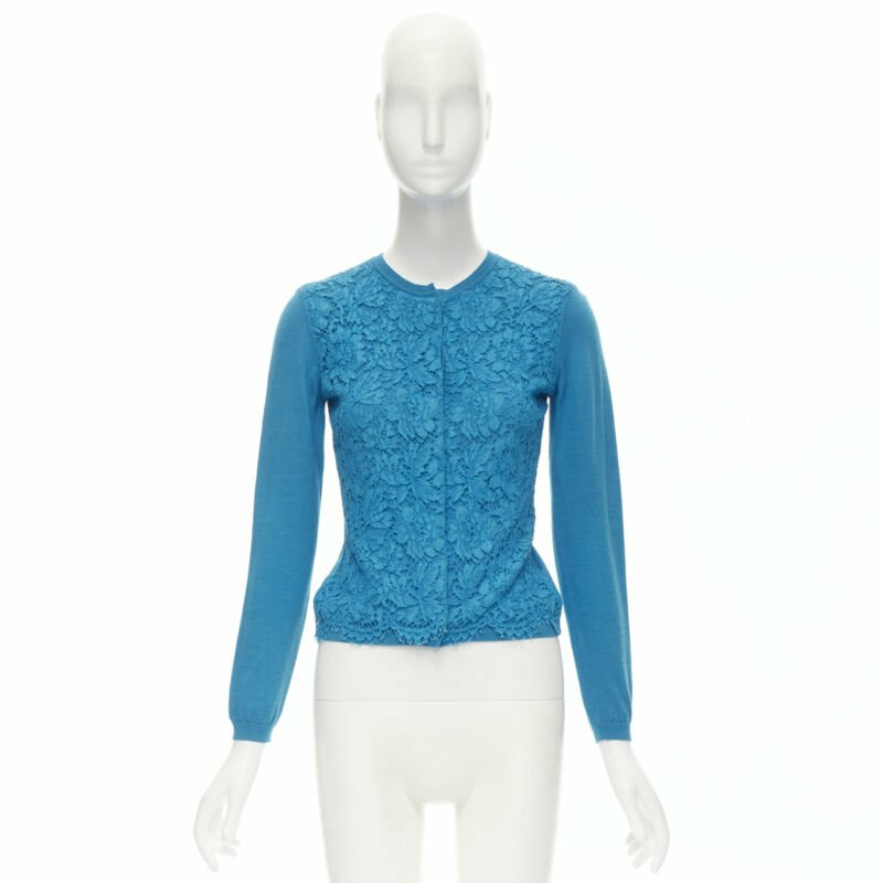 VALENTINO blue floral lace front wool silk cashmere cardigan sweater S-8