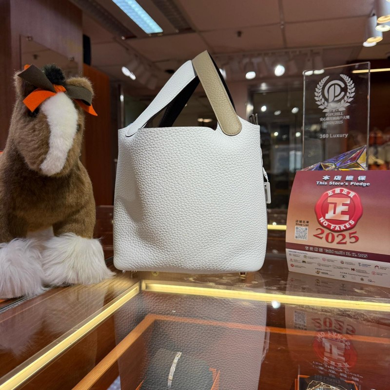 ✨持有香港正品正貨標籤(只做全新)✨ Hermes Picotin 18 馬爾法米色拼新白色銀扣-3