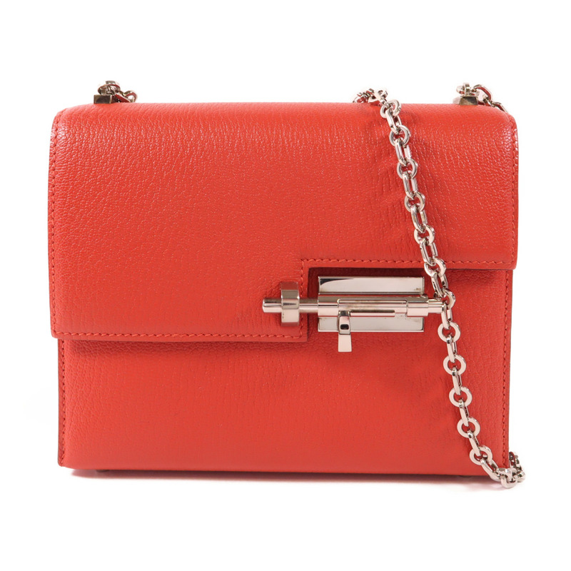 HERMES Chevre皮革Verrou Mini銀扣鏈帶肩背袋Rouge Tomate-0