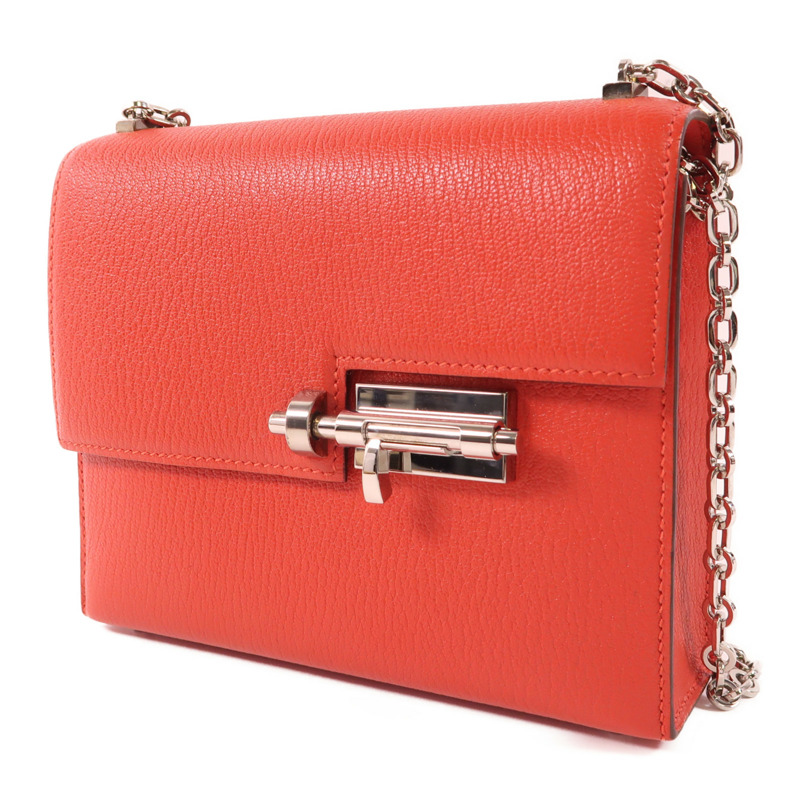 HERMES Chevre皮革Verrou Mini銀扣鏈帶肩背袋Rouge Tomate-2