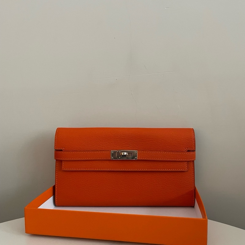 Hermes Kelly 橘色銀扣長夾-9