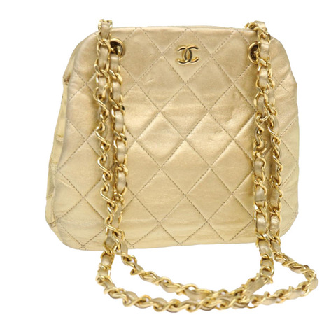 香奈兒 (CHANEL) 絎縫鏈條單肩包 皮革 金色 CC 正品 53015AM