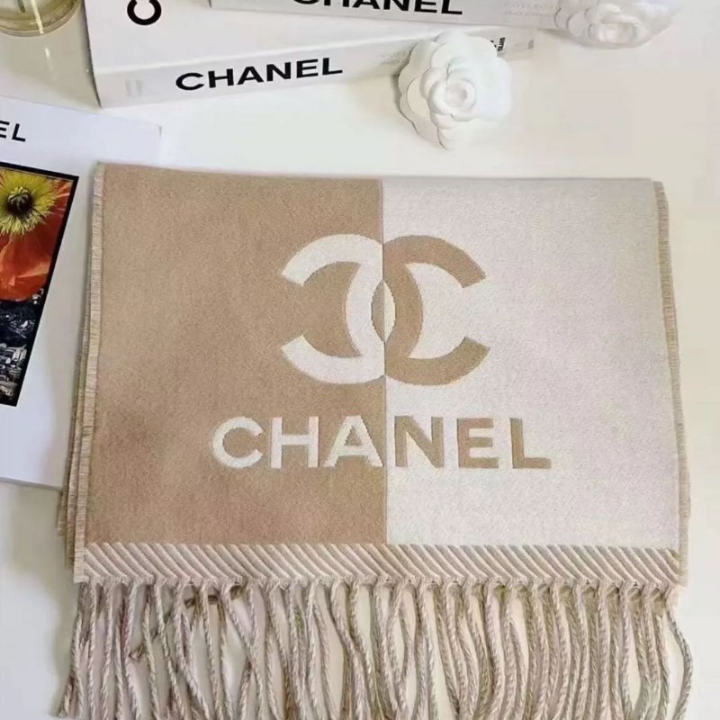 Chanel 24B 圍巾 淺米拼色 184 x34cm 100%綿羊毛-5