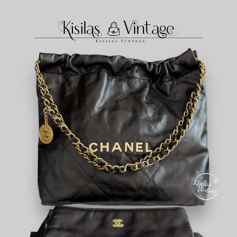 Chanel 22bag Small 黑金白字-0
