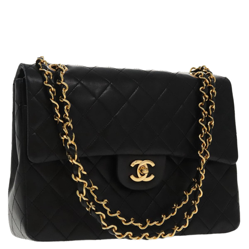 【日本直送】香奈兒 (CHANEL) 絎縫鏈條手提包 小羊皮 黑金色 CC 正品 95715AV-0