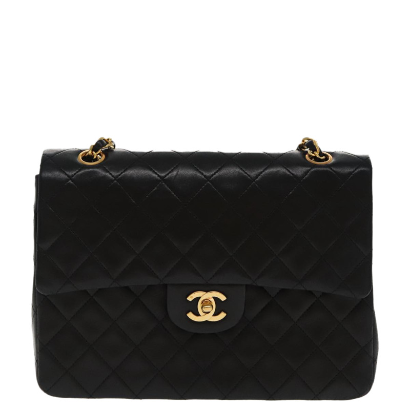 【日本直送】香奈兒 (CHANEL) 絎縫鏈條手提包 小羊皮 黑金色 CC 正品 95715AV-12