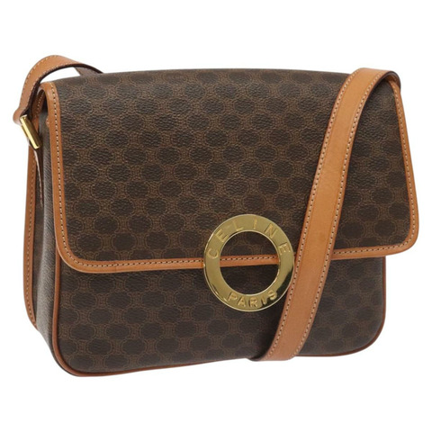 CELINE Macadam 帆布圓形肩背包 PVC 皮革棕色正品 115388M