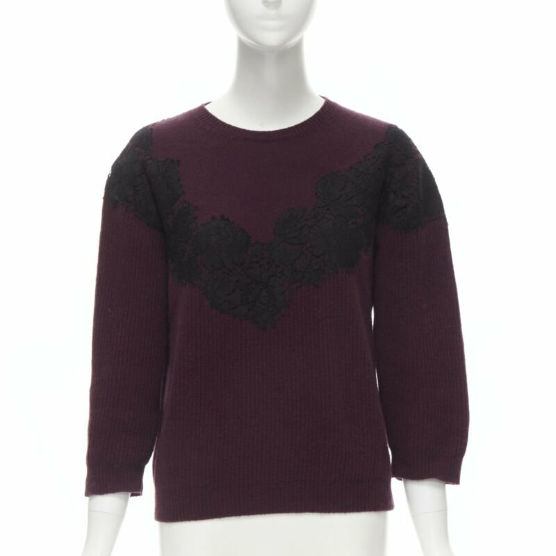 VALENTINO burgundy red virgin wool cashmere black lace applique sweater XL-0