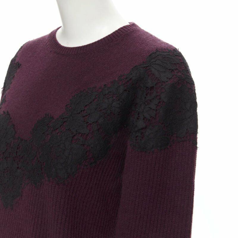 VALENTINO burgundy red virgin wool cashmere black lace applique sweater XL-1
