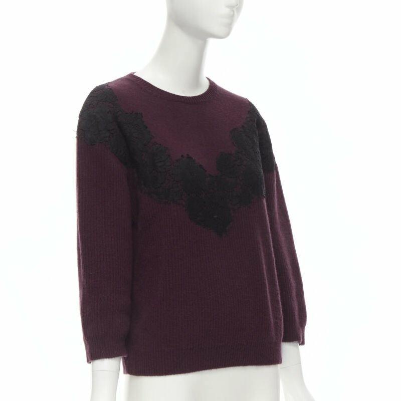 VALENTINO burgundy red virgin wool cashmere black lace applique sweater XL-2
