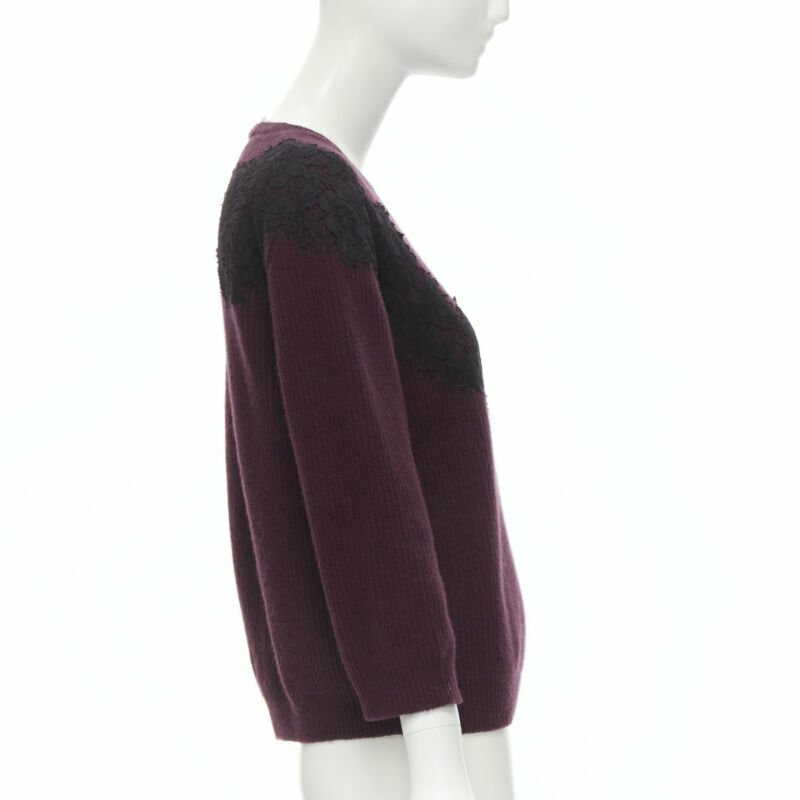 VALENTINO burgundy red virgin wool cashmere black lace applique sweater XL-3