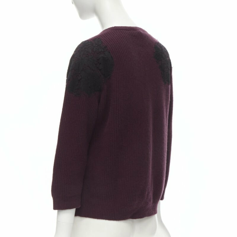 VALENTINO burgundy red virgin wool cashmere black lace applique sweater XL-5