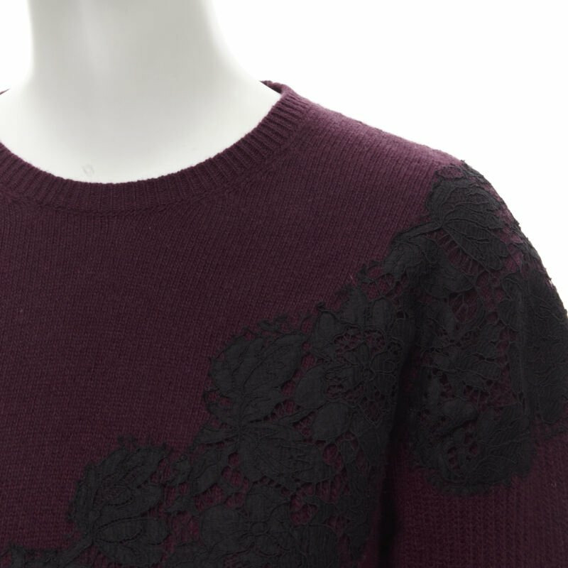 VALENTINO burgundy red virgin wool cashmere black lace applique sweater XL-6
