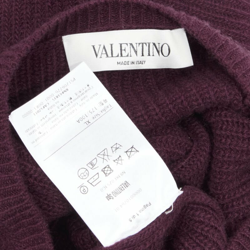 VALENTINO burgundy red virgin wool cashmere black lace applique sweater XL-8