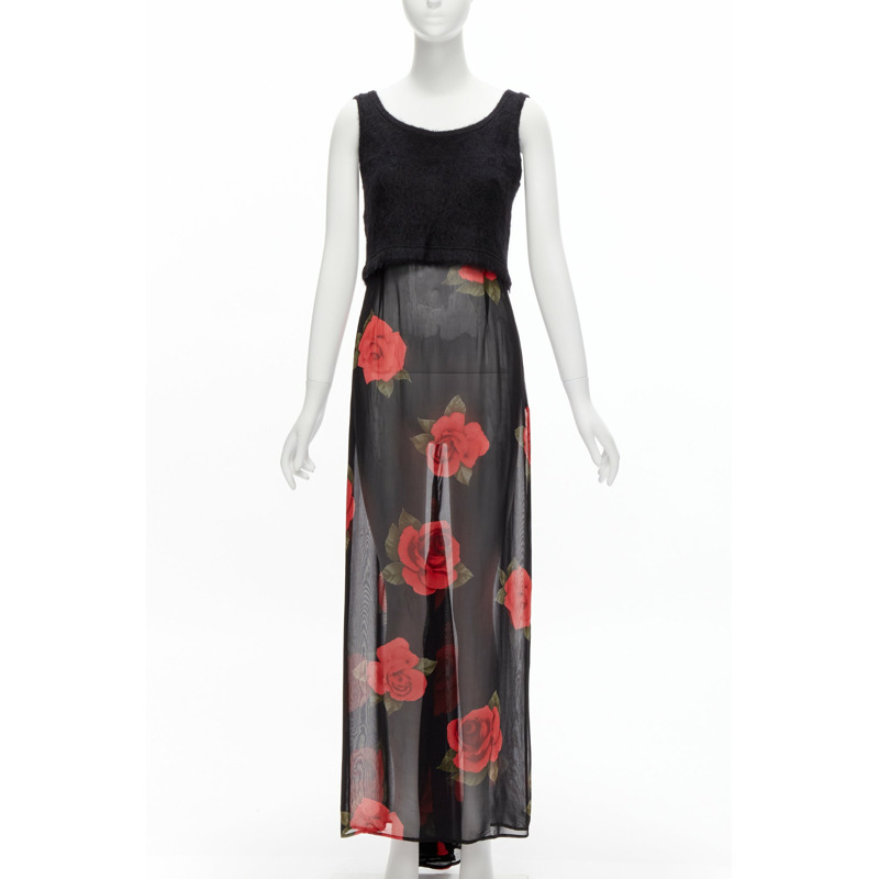 DOLCE GABBANA Vintage sheer red rose dress black cropped sweater vest set IT42 M-0