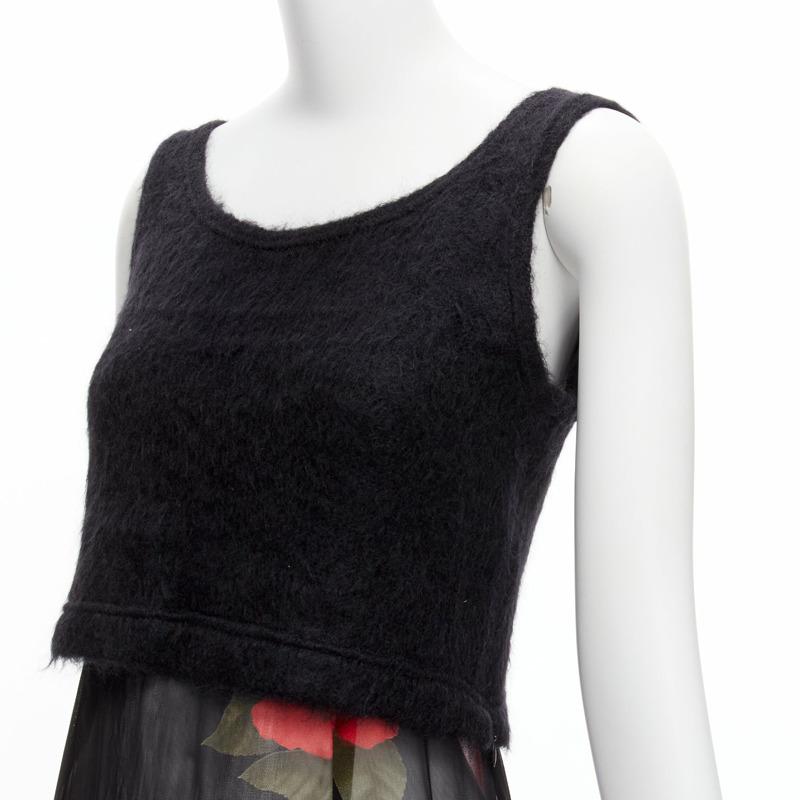 DOLCE GABBANA Vintage sheer red rose dress black cropped sweater vest set IT42 M-1
