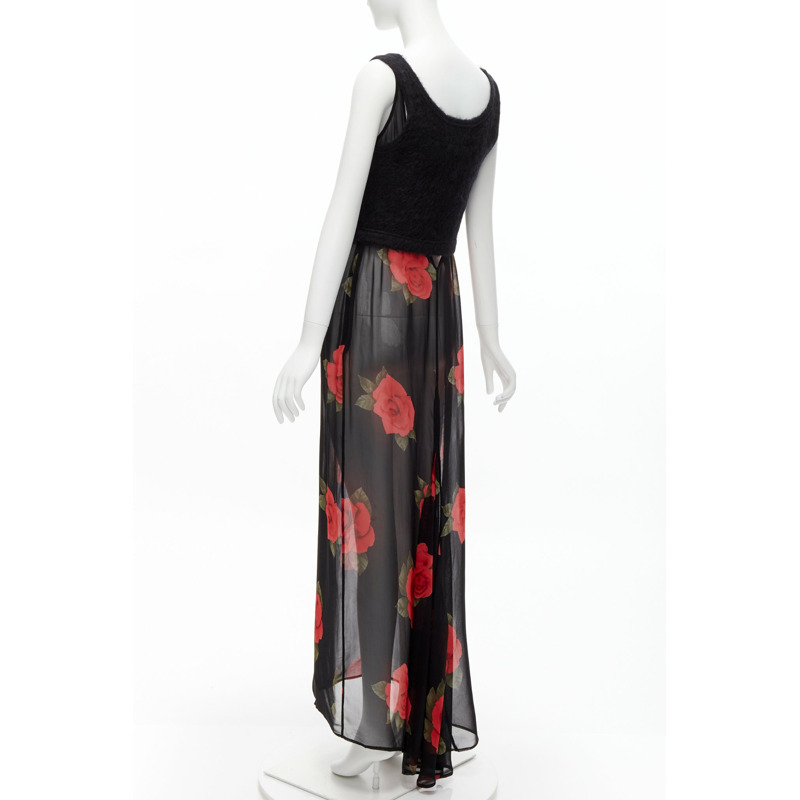 DOLCE GABBANA Vintage sheer red rose dress black cropped sweater vest set IT42 M-5