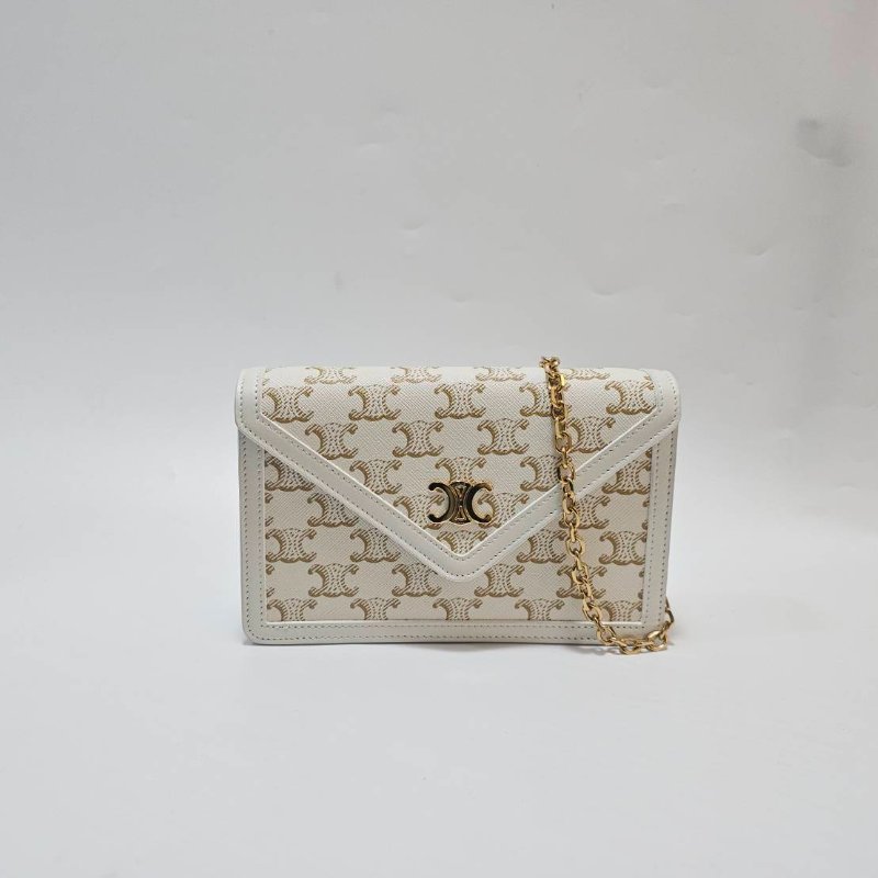 Celine 米白帆布拚白牛皮凱旋門Logo金釦Woc鍊帶斜背包10I822DUY.01WW-0
