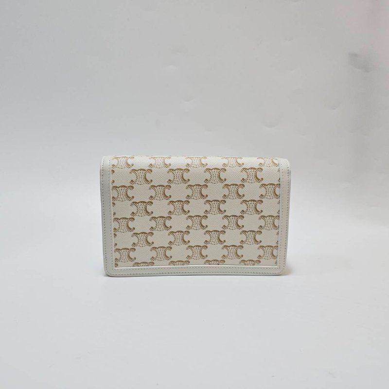 Celine 米白帆布拚白牛皮凱旋門Logo金釦Woc鍊帶斜背包10I822DUY.01WW-1