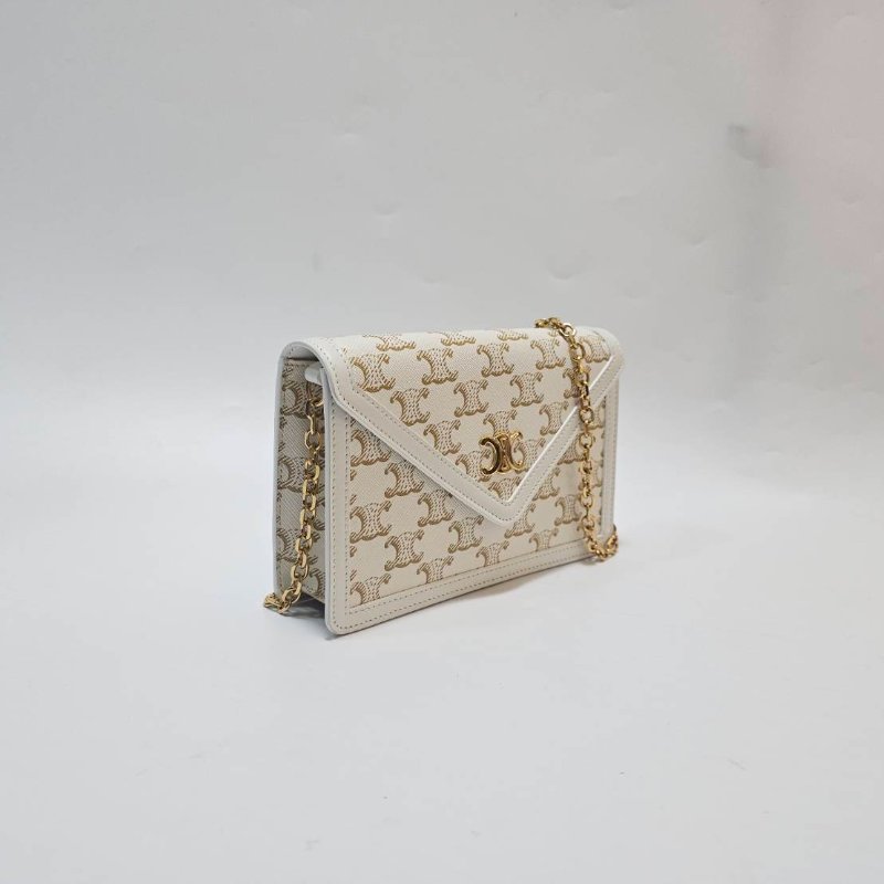 Celine 米白帆布拚白牛皮凱旋門Logo金釦Woc鍊帶斜背包10I822DUY.01WW-2