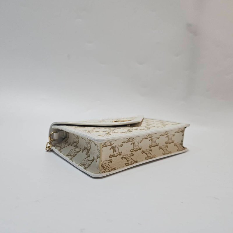 Celine 米白帆布拚白牛皮凱旋門Logo金釦Woc鍊帶斜背包10I822DUY.01WW-4