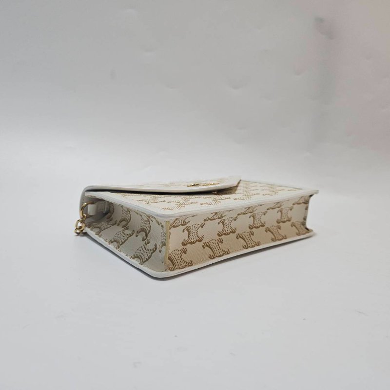 Celine 米白帆布拚白牛皮凱旋門Logo金釦Woc鍊帶斜背包10I822DUY.01WW-5