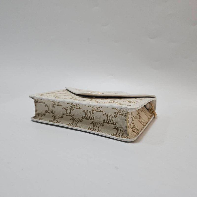 Celine 米白帆布拚白牛皮凱旋門Logo金釦Woc鍊帶斜背包10I822DUY.01WW-6