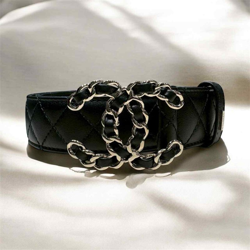 CHANEL 皮穿鏈雙C格紋皮帶/黑-0