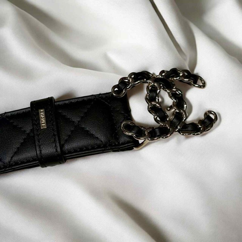 CHANEL 皮穿鏈雙C格紋皮帶/黑-3