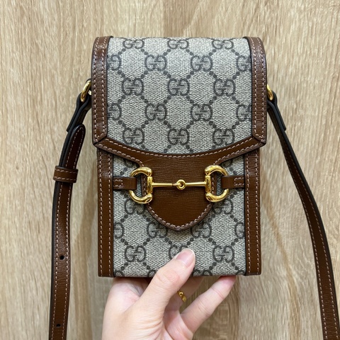 Gucci PVC烏木色牛皮1955金釦斜背手機包