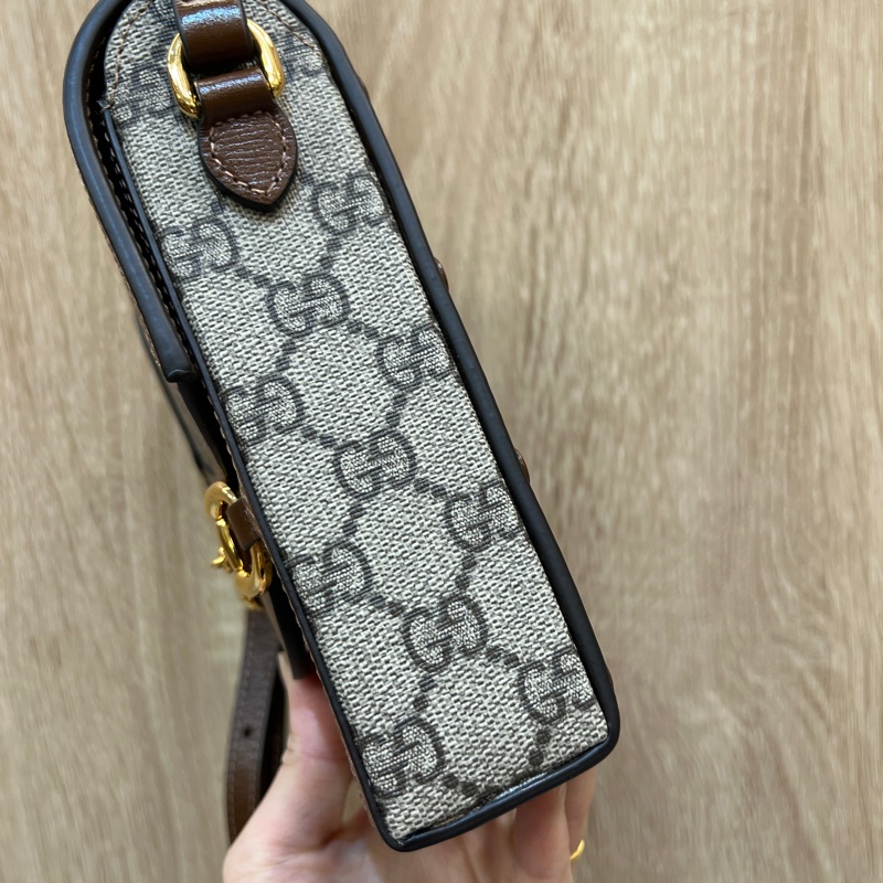 Gucci PVC烏木色牛皮1955金釦斜背手機包-2