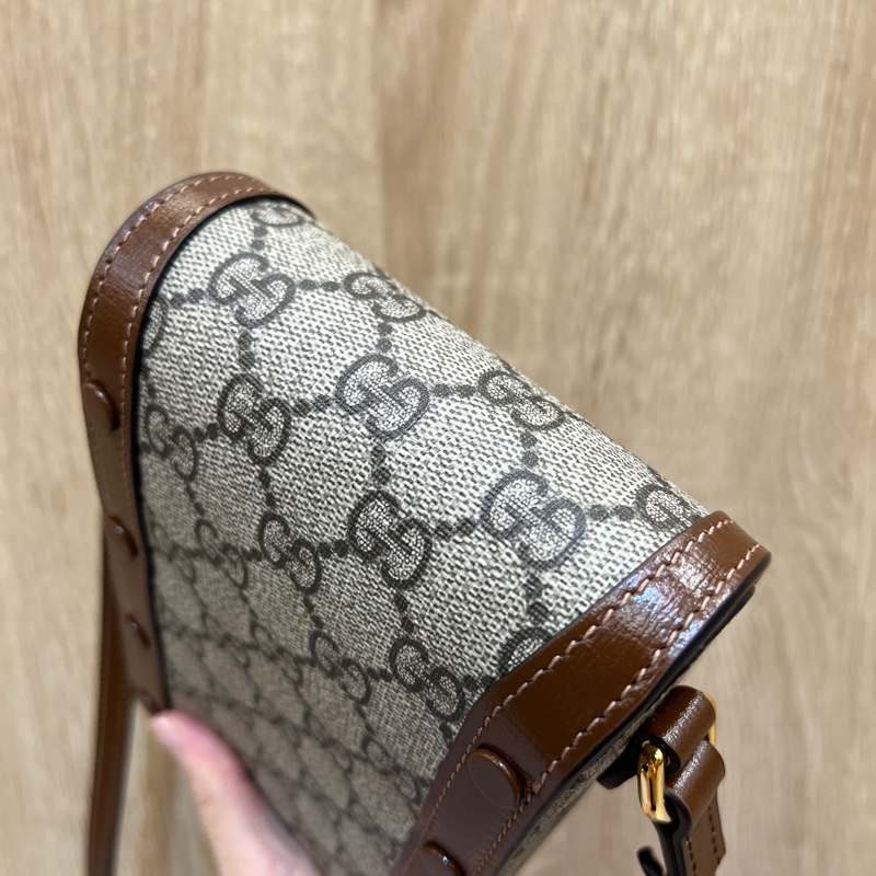 Gucci PVC烏木色牛皮1955金釦斜背手機包-9