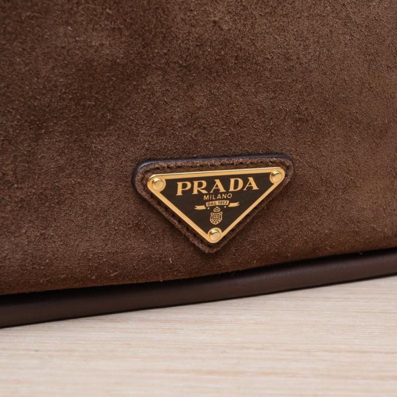 PRADA(普拉達) 棕色 麂皮 金扣 Darling 手提包-5