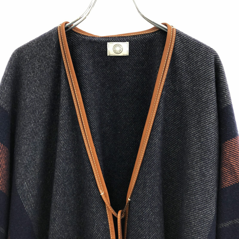 愛馬仕羊毛針織披肩大衣，海軍藍，二手女款-2