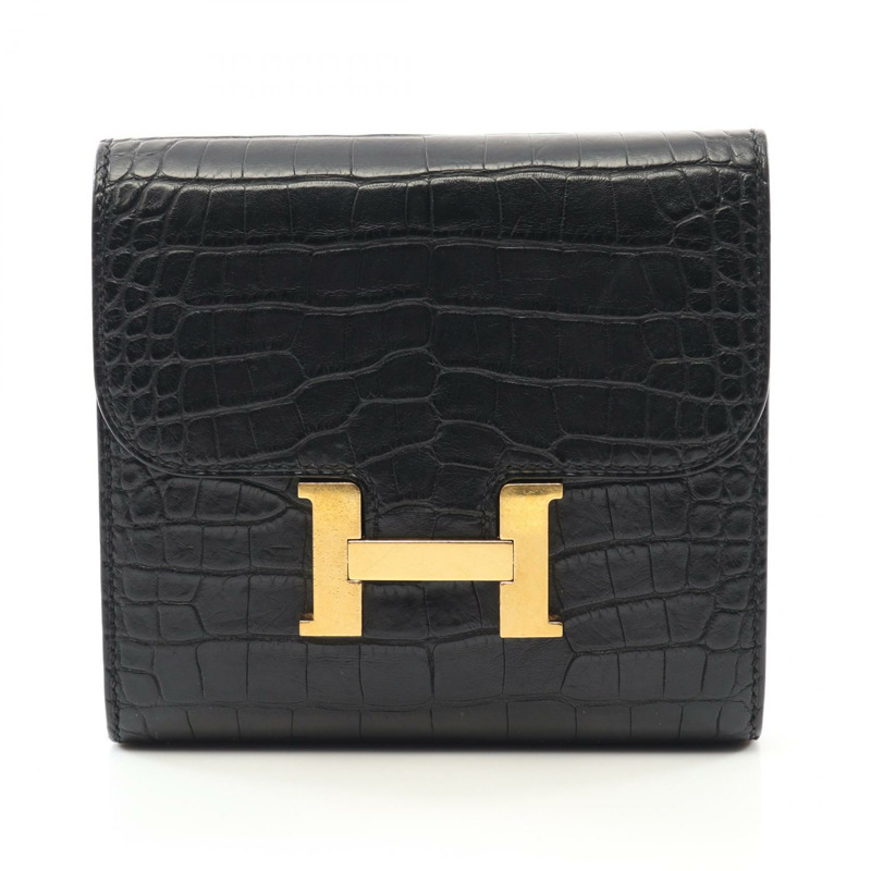 愛馬仕 Constance Compact 雙折皮夾，霧面鱷魚皮，黑色，二手。-0