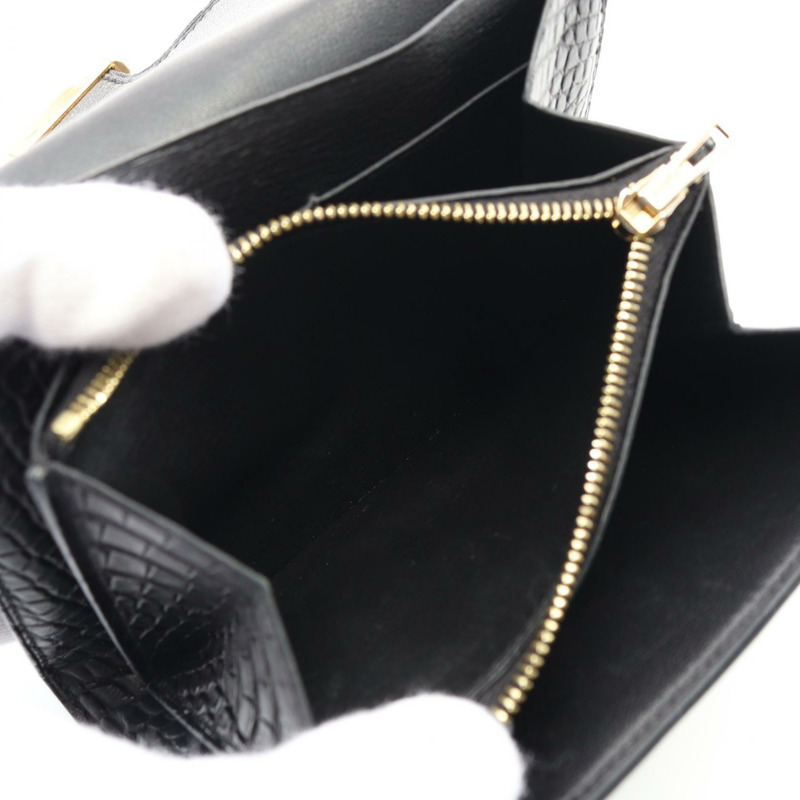 愛馬仕 Constance Compact 雙折皮夾，霧面鱷魚皮，黑色，二手。-5