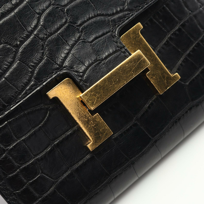 愛馬仕 Constance Compact 雙折皮夾，霧面鱷魚皮，黑色，二手。-10