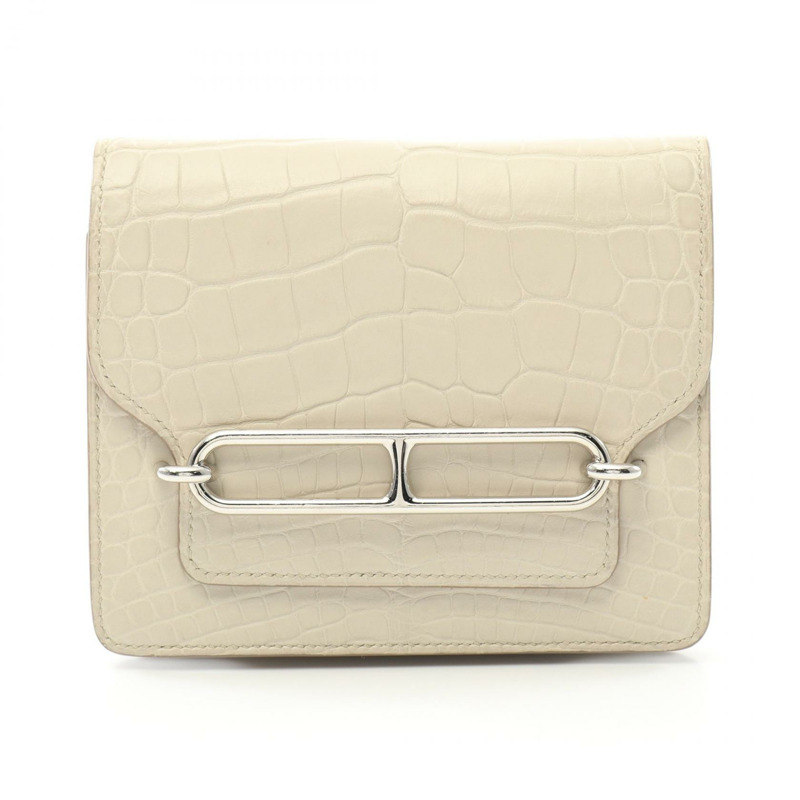 愛馬仕 Louris Slim Greenev 雙折皮夾，霧面鱷魚皮，米色，二手-0