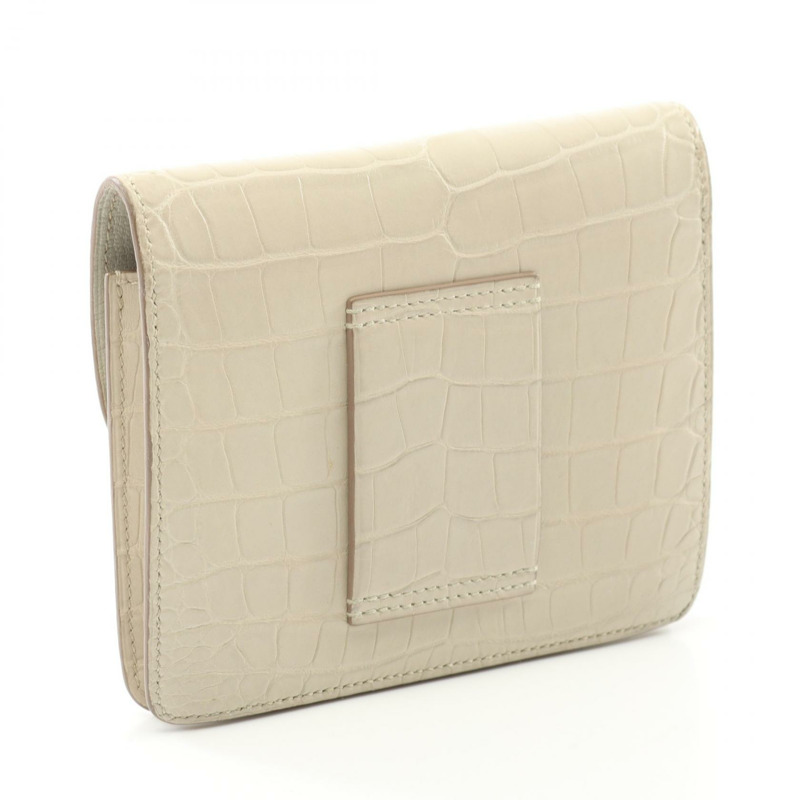 愛馬仕 Louris Slim Greenev 雙折皮夾，霧面鱷魚皮，米色，二手-1